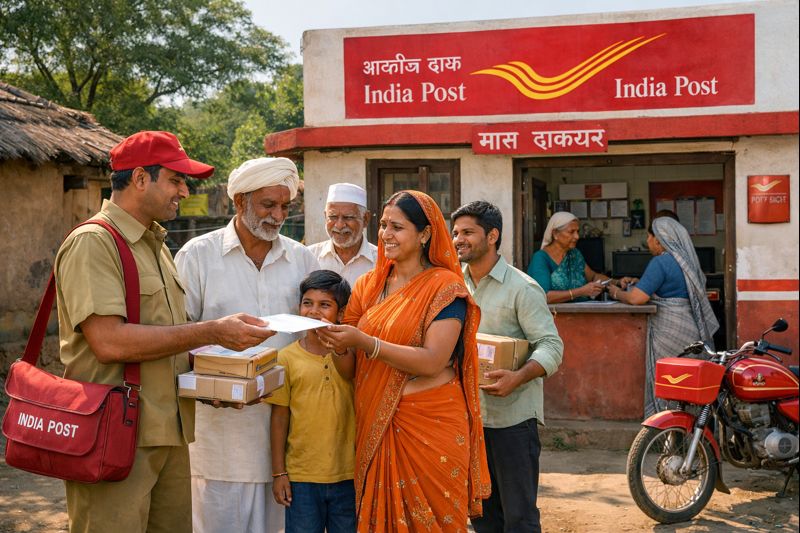 भारतीय डाक सेवा का ग्रामीण दृश्य, पोस्टमैन पत्र और पार्सल वितरित करते हुए, गांव का पोस्ट ऑफिस और इंडिया पोस्ट का लोगो।